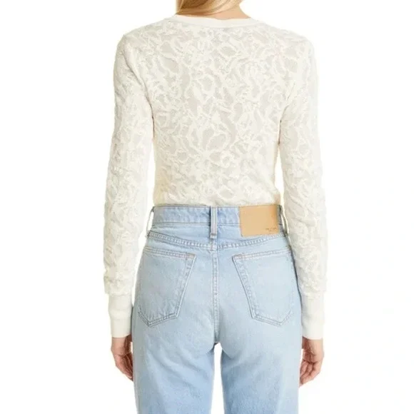 Rag & Bone Perry Lace Top Long Sleeve Semi Sheer Floral Jacquard Sweater White - Picture 6 of 16